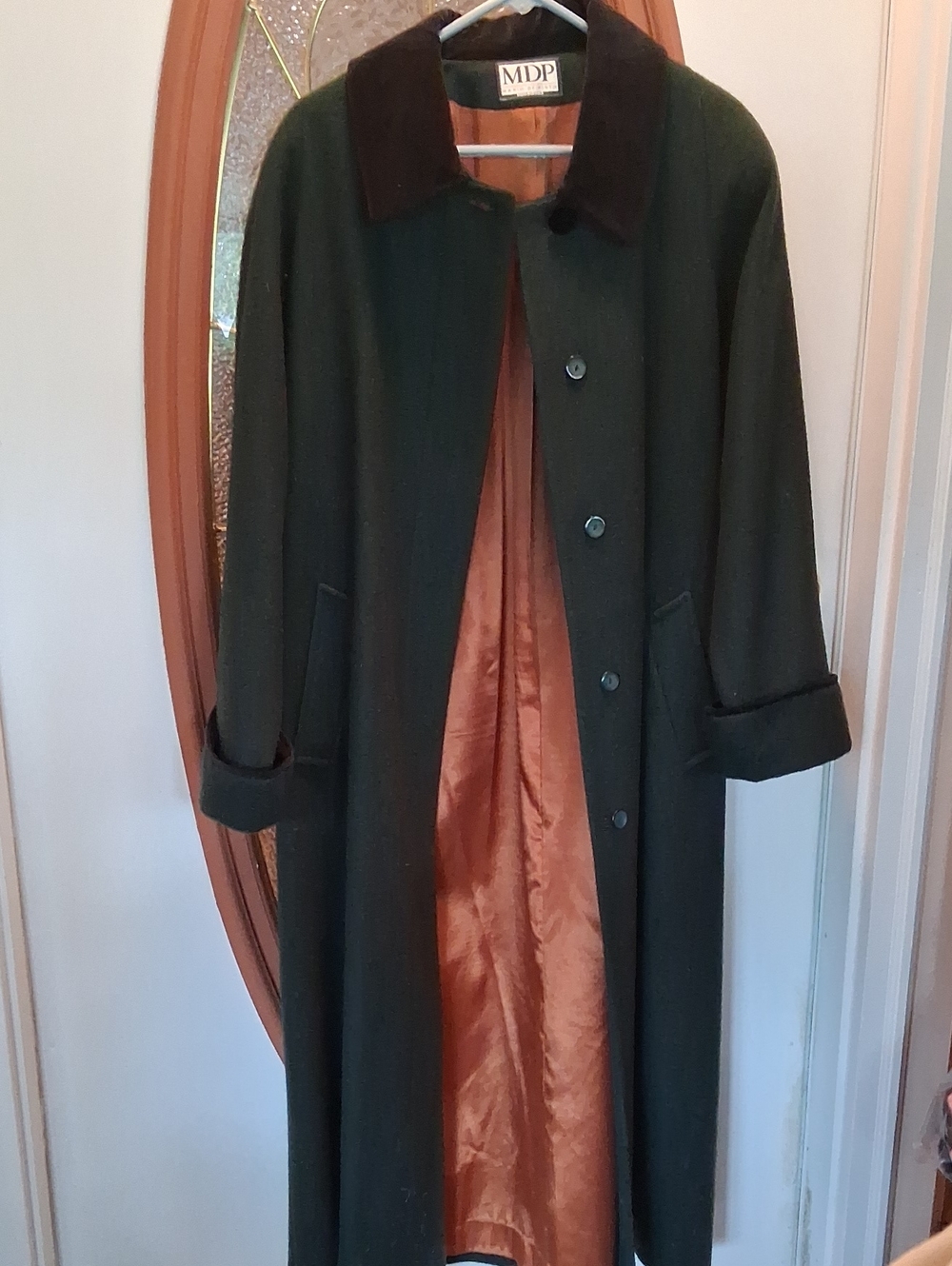Dark Green Wool Blend Long Classic Coat with Contrast Collar